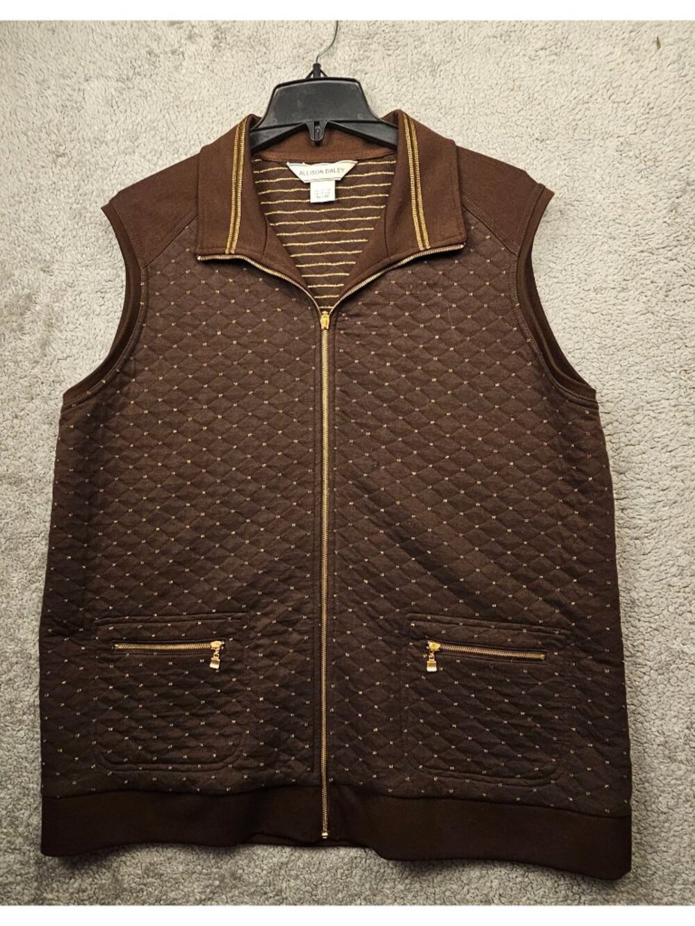 Allison Daley Quilted Brown Sleeveless Vest With Gold Zipper & Pockets Size 2X